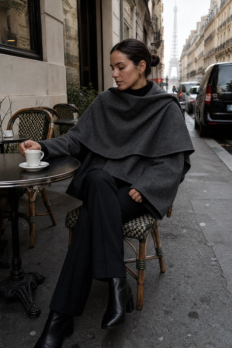 SOFAINE-V7-LIFE-Henrietta | Cape Coat in Dark Gray, café scene