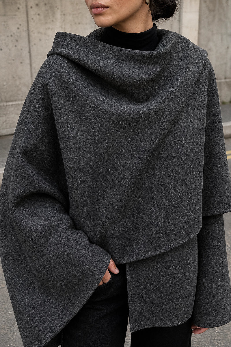 SOFAINE-V7-LIFE-Henrietta | Cape Coat in Dark Gray, detail close-up