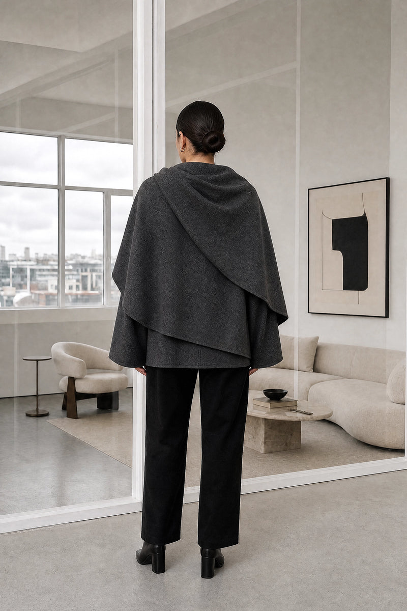 Henrietta | Cape Coat in Dark Gray, studio back view