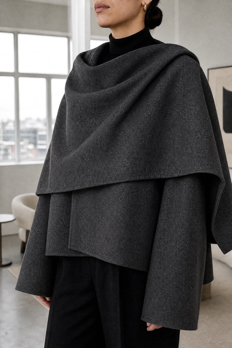 Henrietta | Cape Coat in Dark Gray, fabric close-up