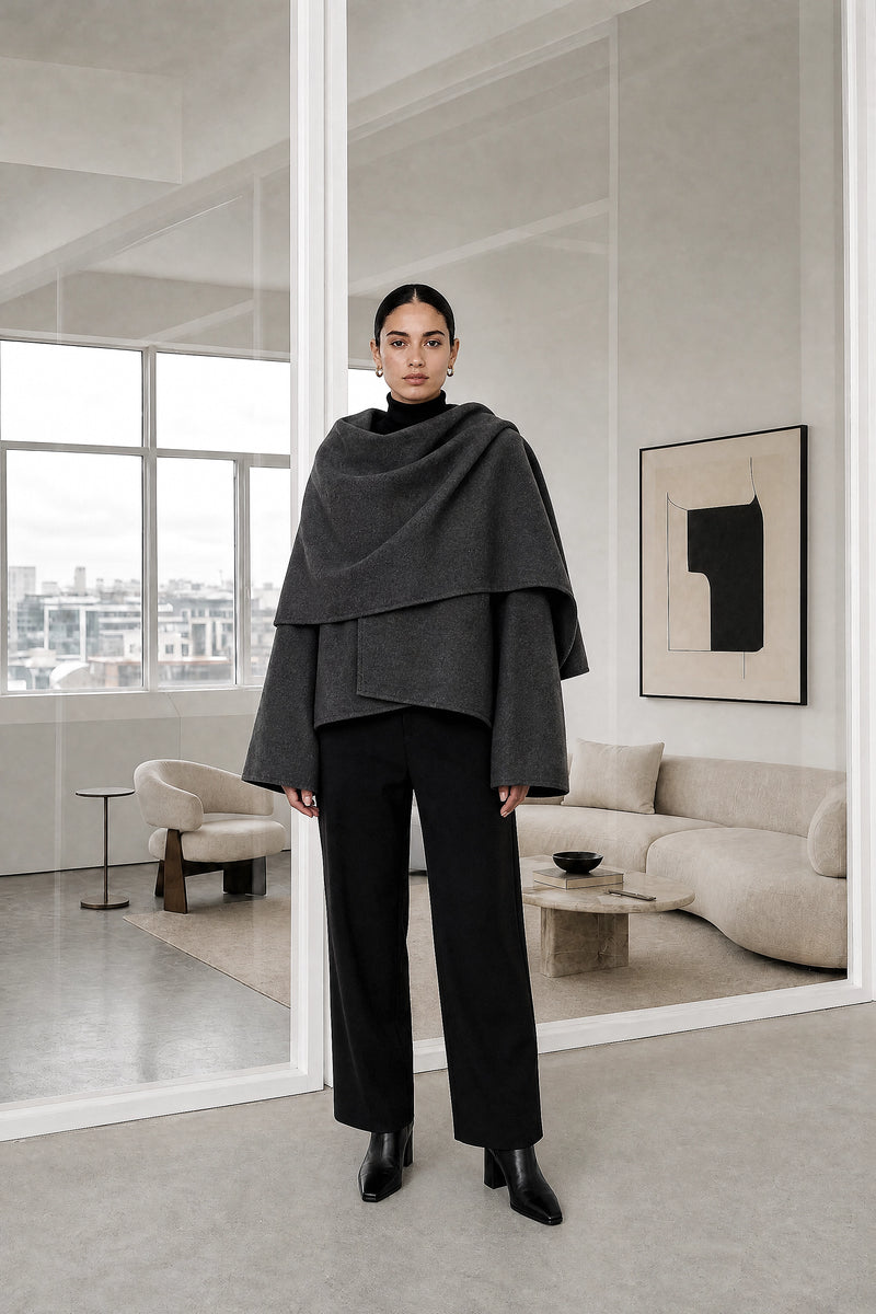 Henrietta | Cape Coat in Dark Gray, studio front view