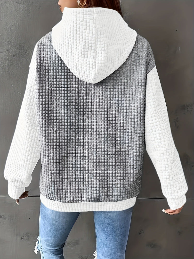 Color Block Waffle Knit Hoodie for Women with Kangaroo Pocket in Gray White, back view