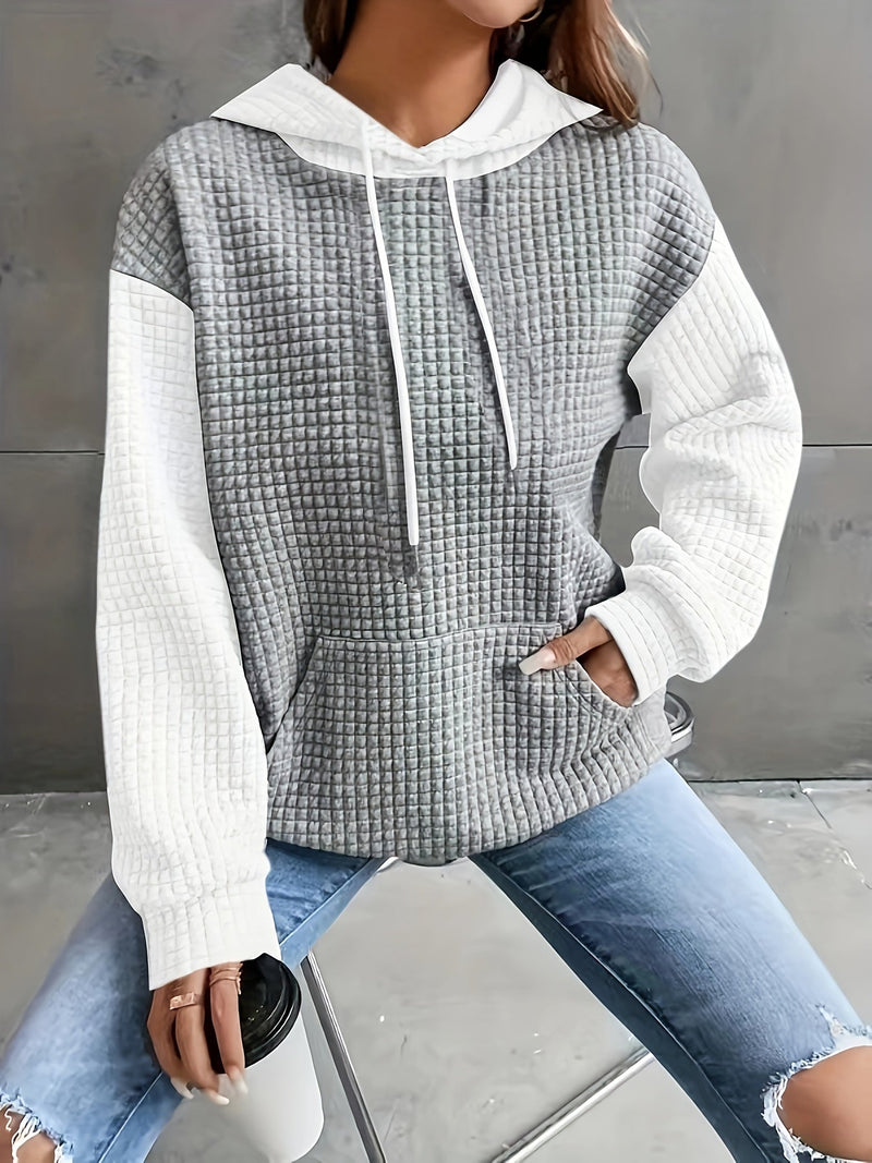 Color Block Waffle Knit Hoodie for Women with Kangaroo Pocket in Gray White, front view 2