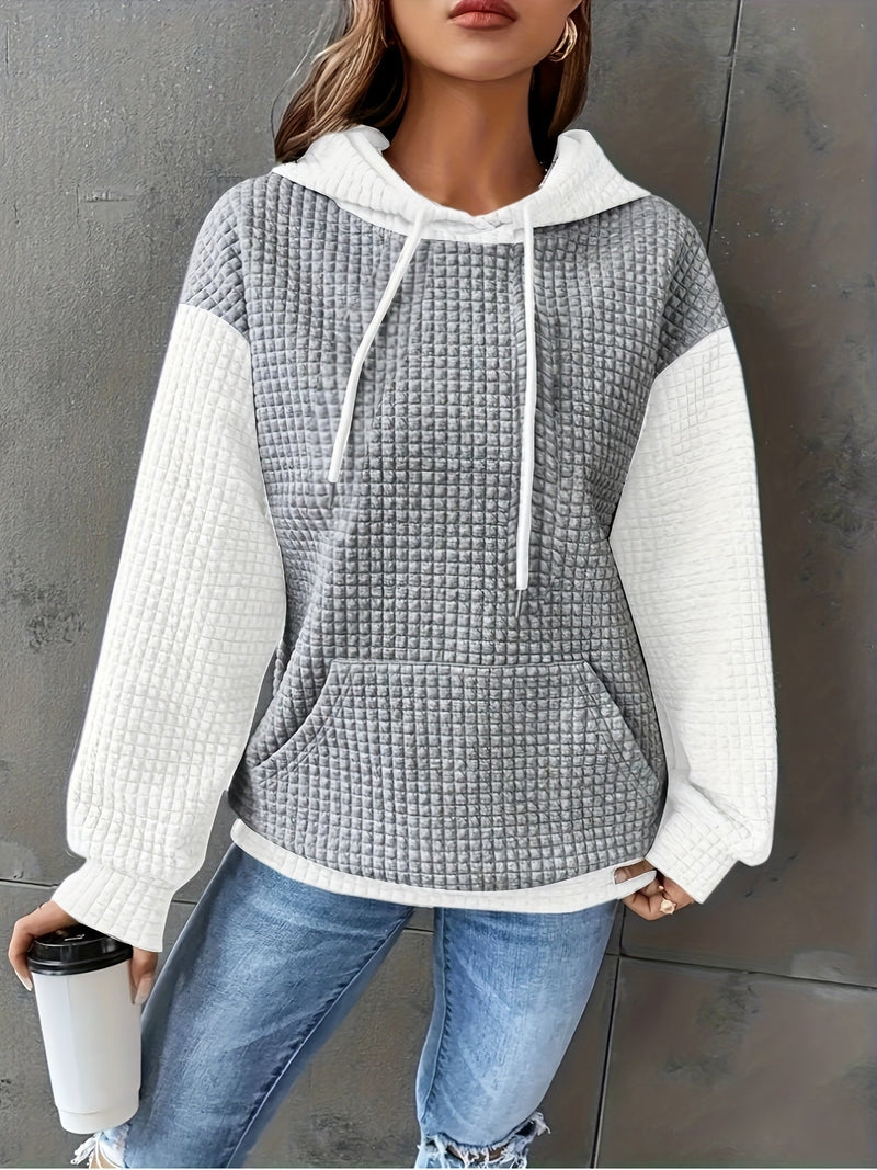 Color Block Waffle Knit Hoodie for Women with Kangaroo Pocket in Gray White, front view 3