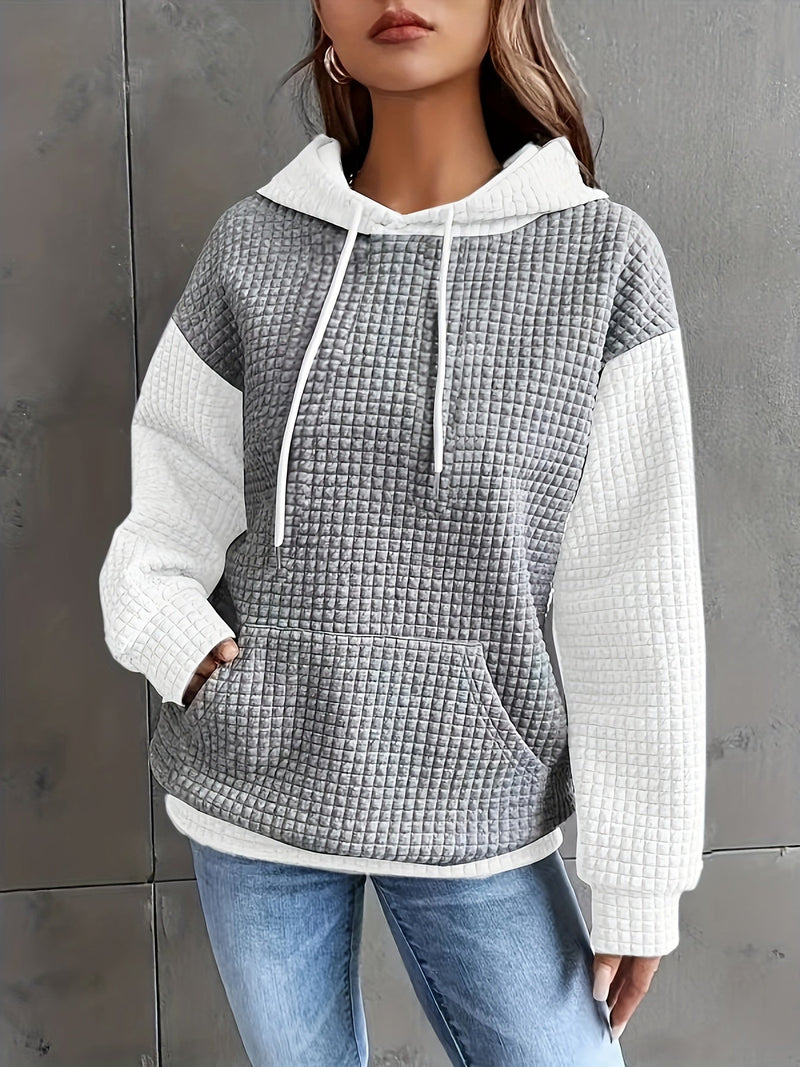 Color Block Waffle Knit Hoodie for Women with Kangaroo Pocket in Gray White, front view 4