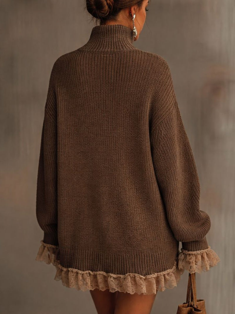 Turtleneck Sweater Dress for Women with Lace Ruffle Hem and Cuffs in Brown, back view