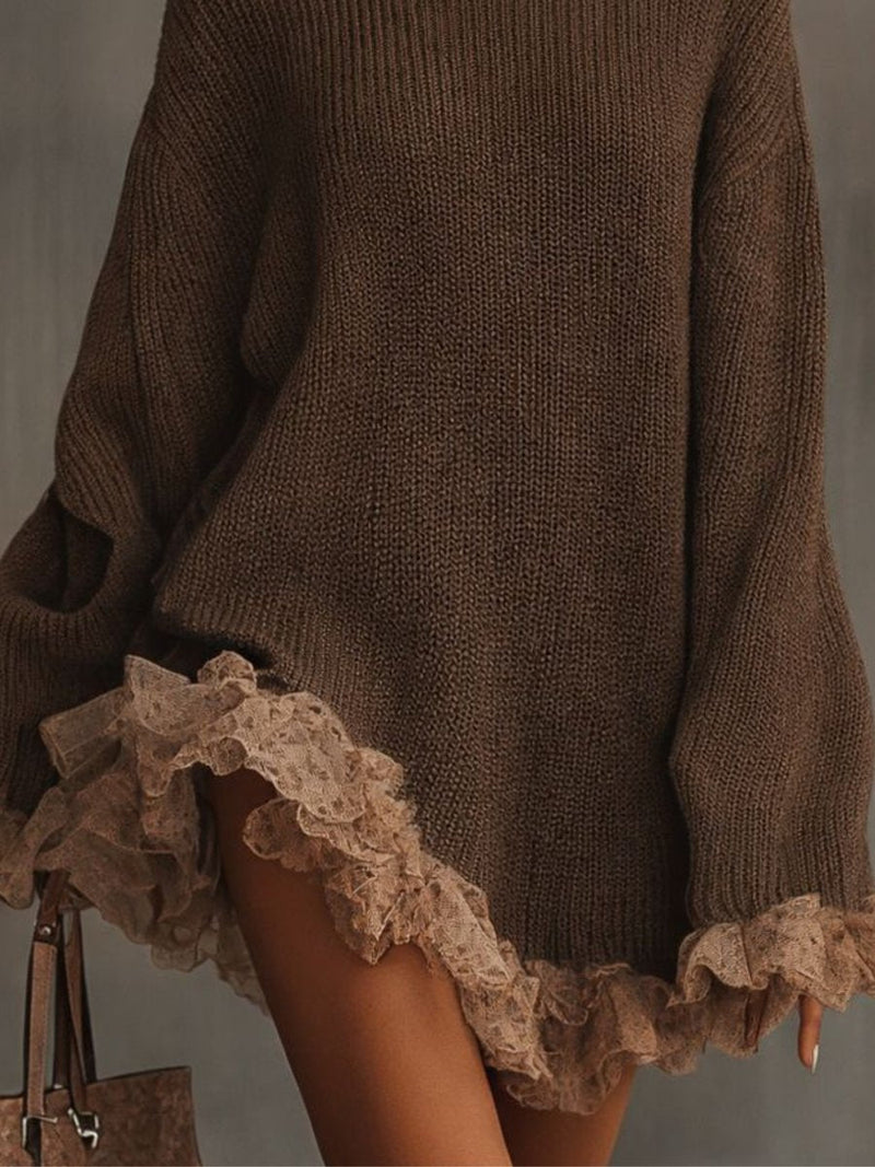 Turtleneck Sweater Dress for Women with Lace Ruffle Hem and Cuffs in Brown, hem detail