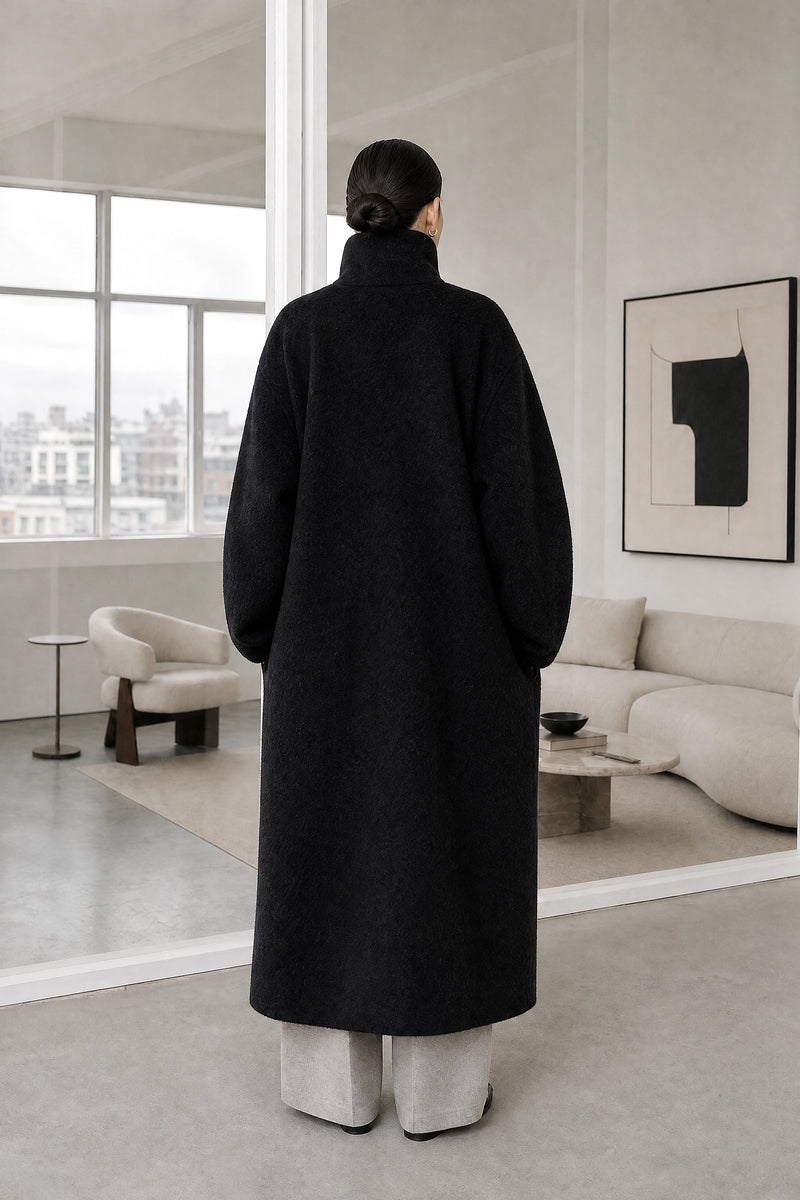 Hester | Asymmetric Coat in Carbon Black, studio back view