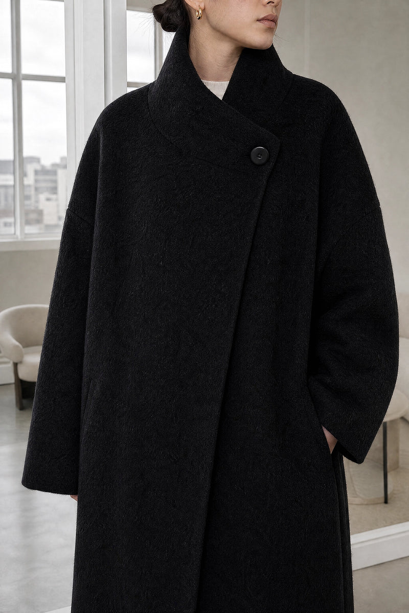 Hester | Asymmetric Coat in Carbon Black, fabric close-up