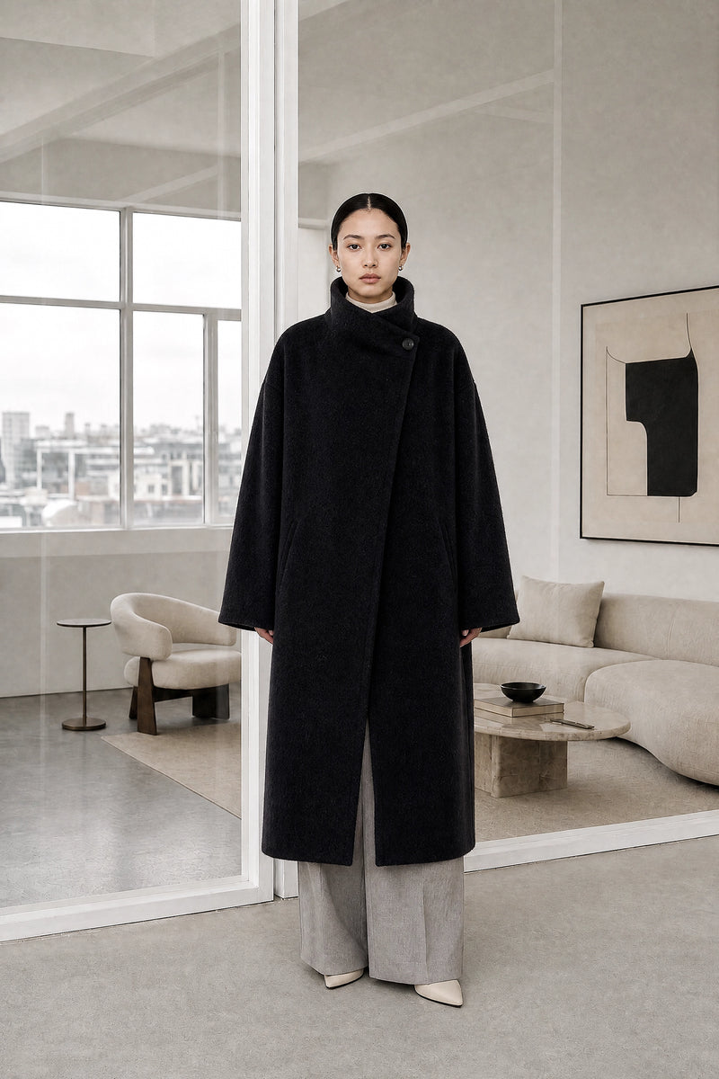 Hester | Asymmetric Coat in Carbon Black, studio front view