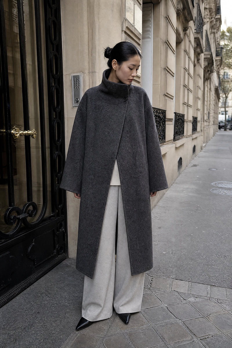 SOFAINE-V7-LIFE-Hester | Asymmetric Coat in Dark Gray, street-style view