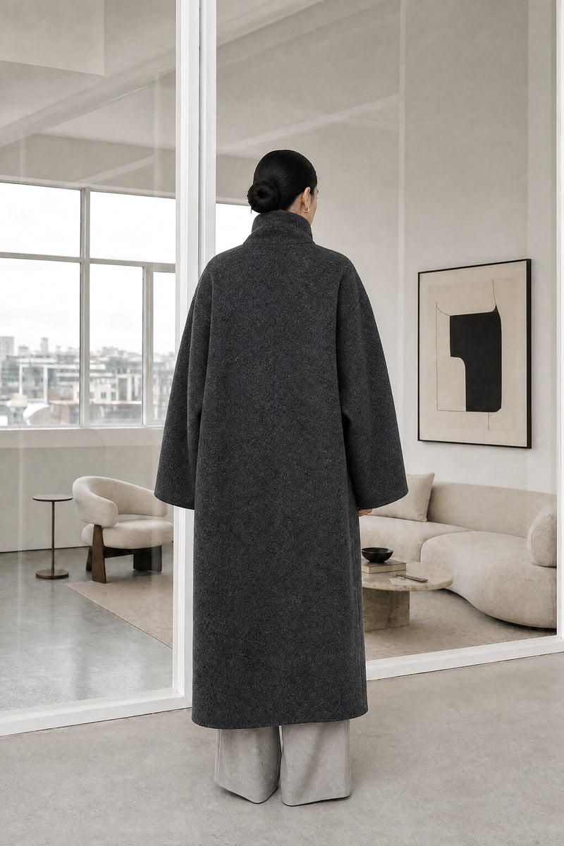 Hester | Asymmetric Coat in Dark Gray, studio back view