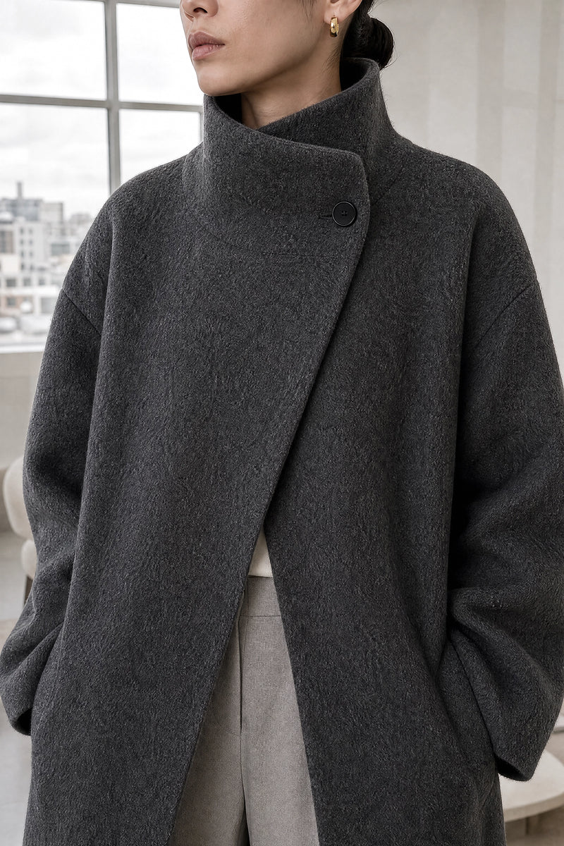 Hester | Asymmetric Coat in Dark Gray, fabric close-up