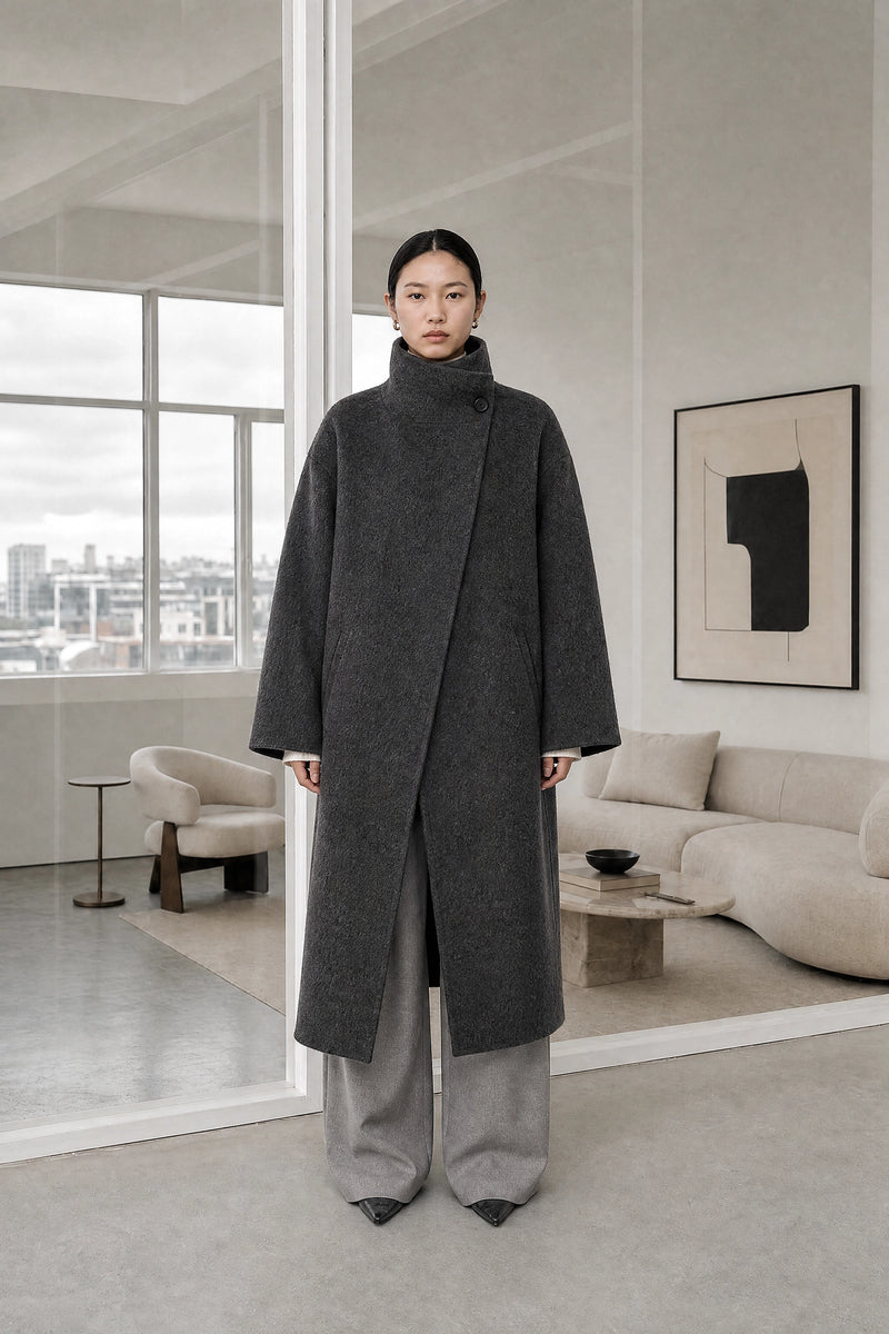 Hester | Asymmetric Coat in Dark Gray, studio front view