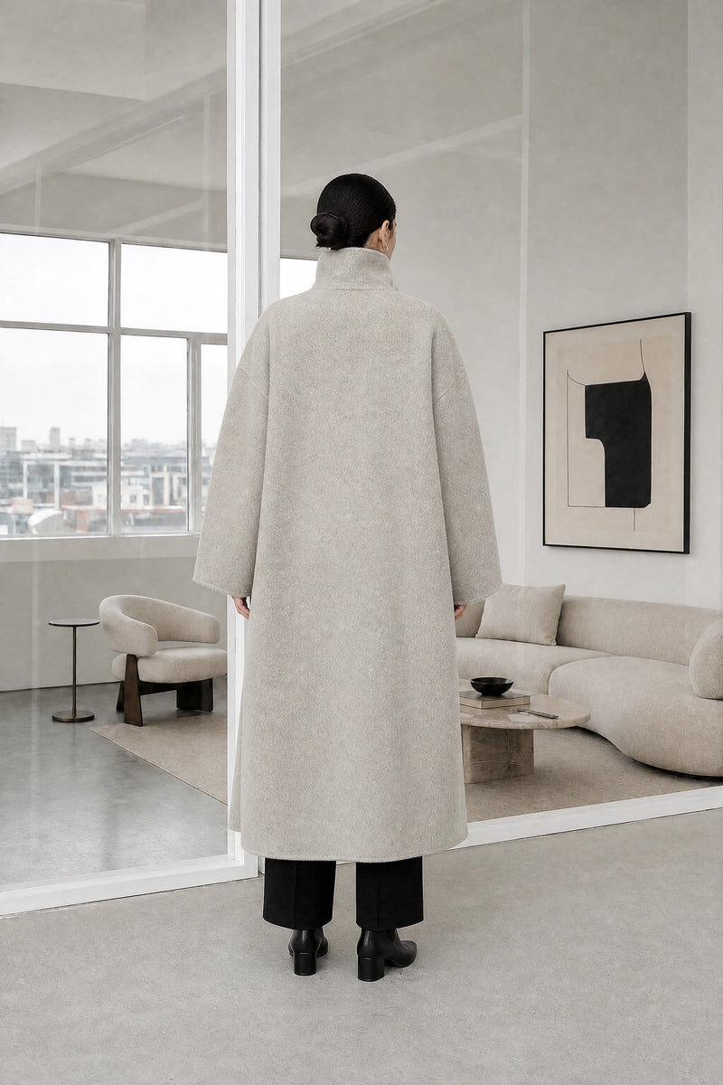 Hester | Asymmetric Coat in Flower Rice, studio back view