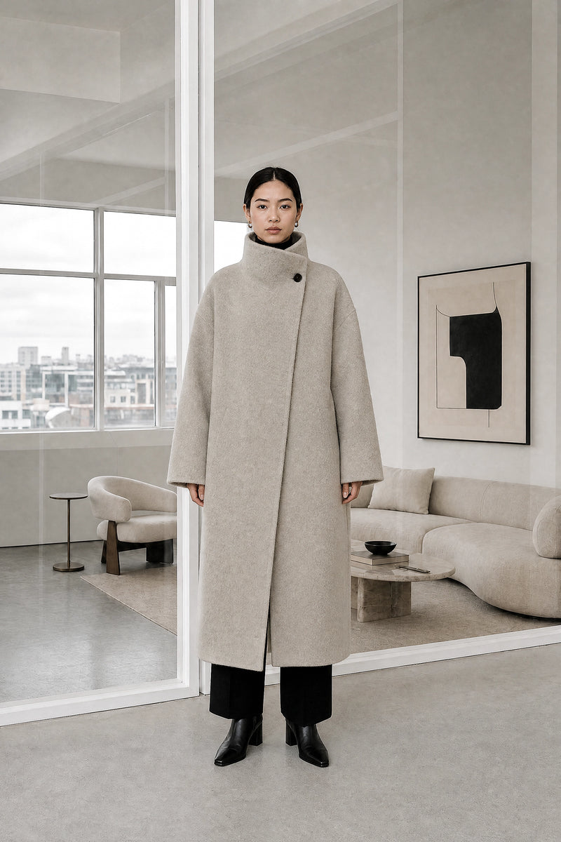 Hester | Asymmetric Coat in Flower Rice, studio front view