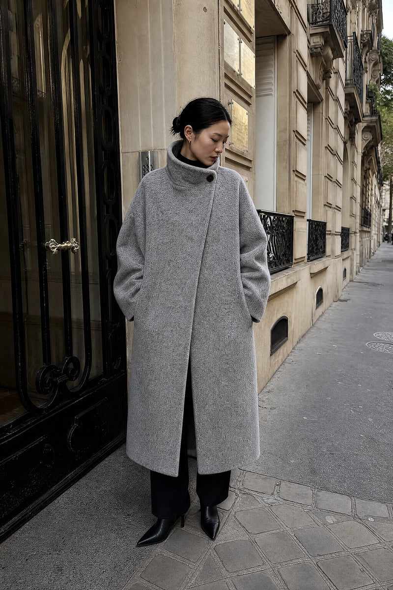 SOFAINE-V7-LIFE-Hester | Asymmetric Coat in Light Gray, street-style view