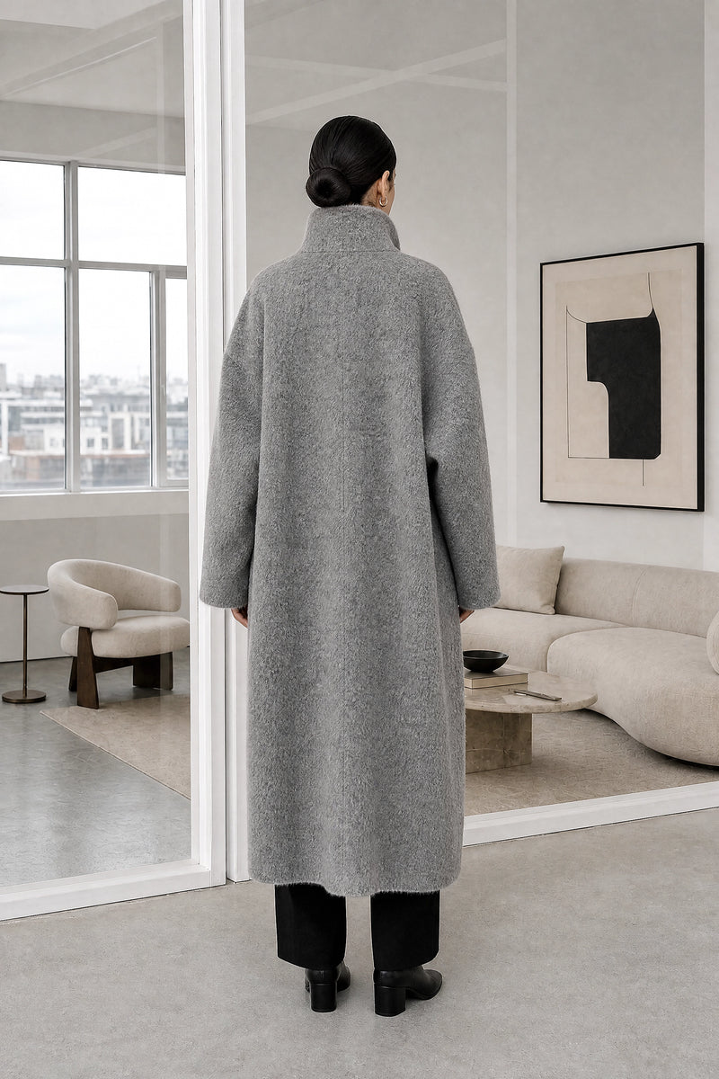 Hester | Asymmetric Coat in Light Gray, studio back view