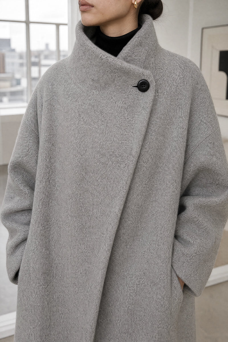 Hester | Asymmetric Coat in Light Gray, fabric close-up