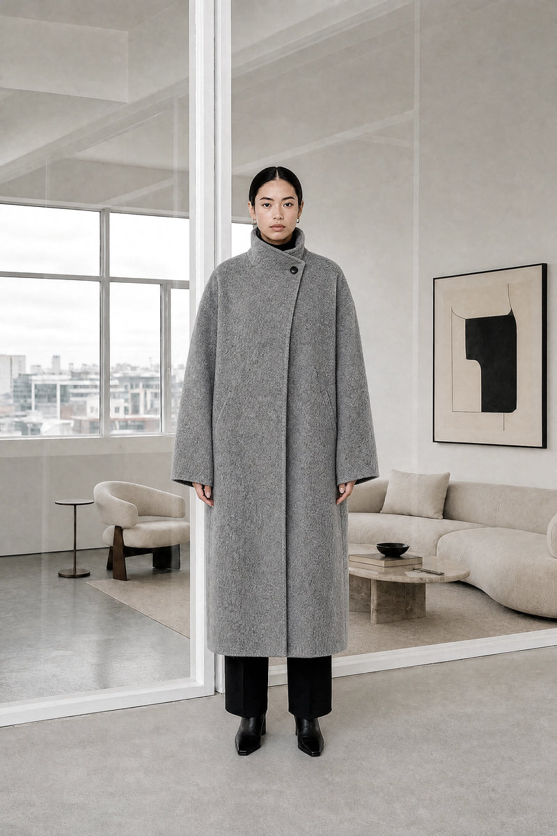 Hester | Asymmetric Coat in Light Gray, studio front view