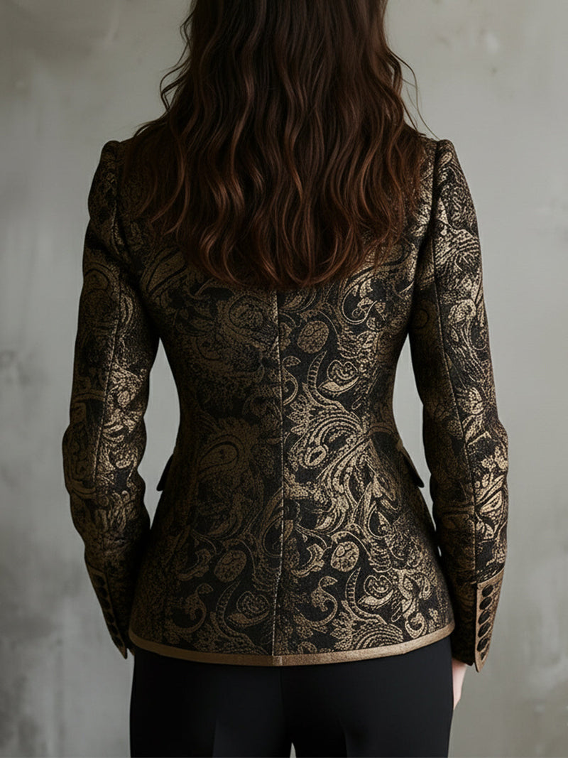 Fitted Paisley Jacquard Blazer for Women with Gold-Tone Piping in Black, back view