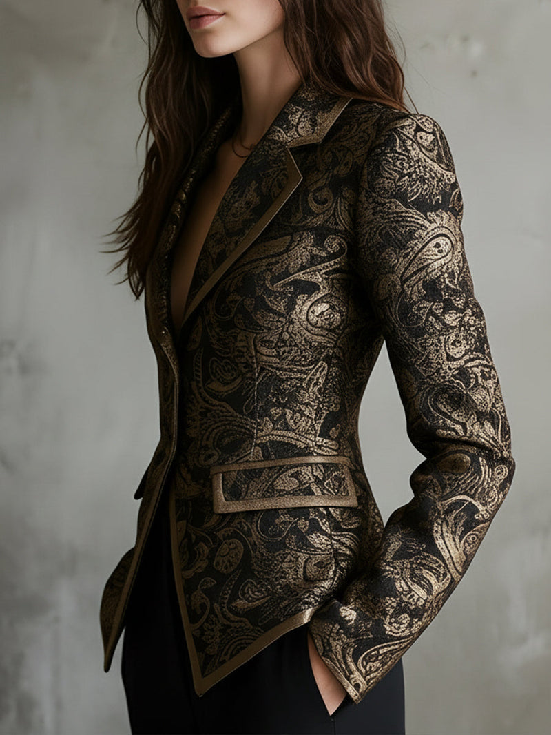 Fitted Paisley Jacquard Blazer for Women with Gold-Tone Piping in Black, side view