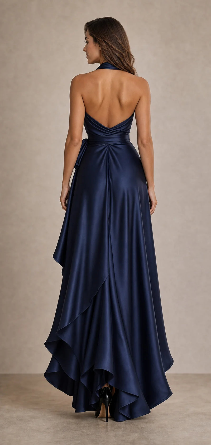 Sofaine Hannah satin halter wrap maxi dress in Navy Blue, worn back