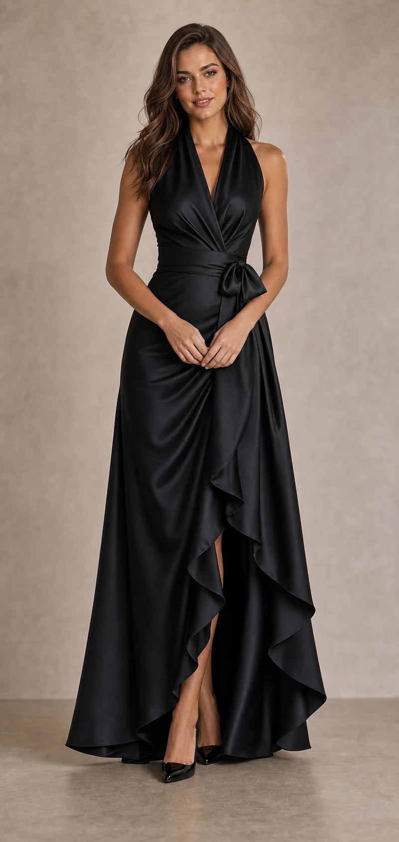 Sofaine Hannah satin halter wrap maxi dress in Black, worn front