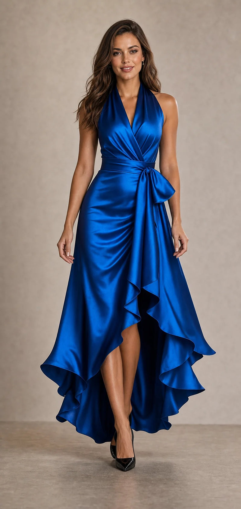 Sofaine Hannah satin halter wrap maxi dress in Blue, worn front