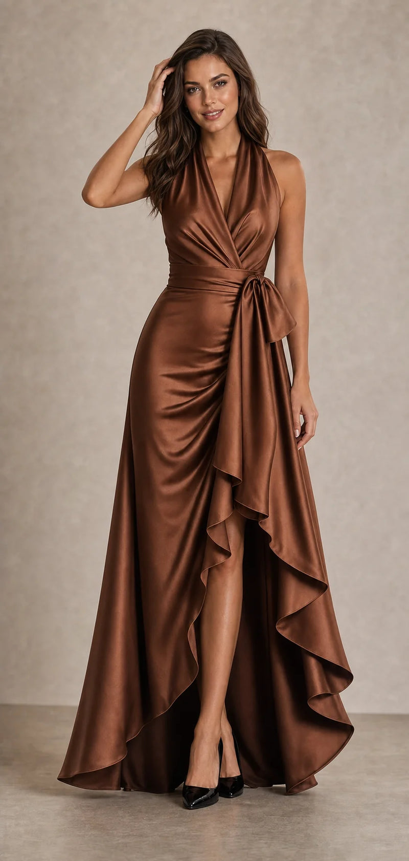 Sofaine Hannah satin halter wrap maxi dress in Brown, worn front