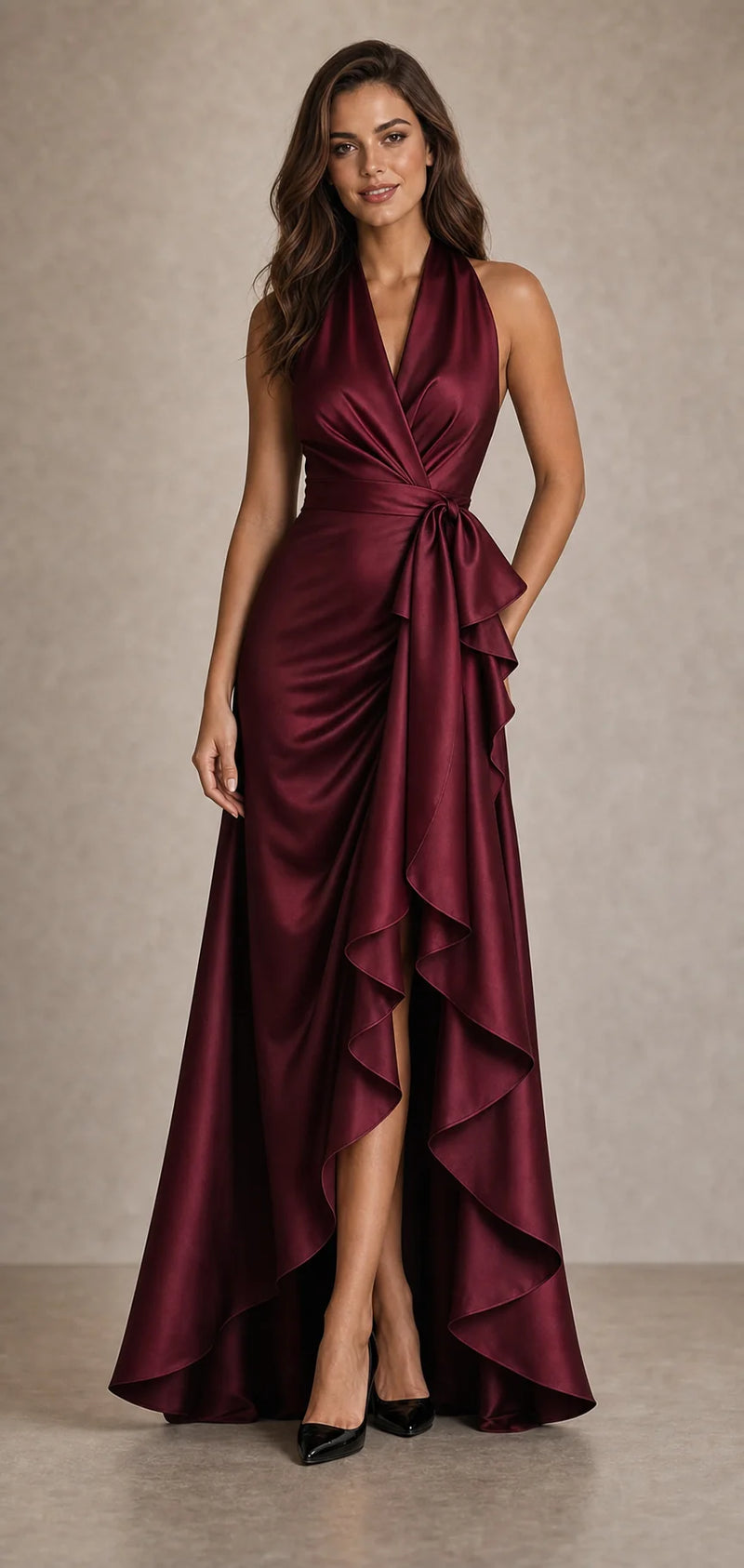 Sofaine Hannah satin halter wrap maxi dress in Burgundy, worn front
