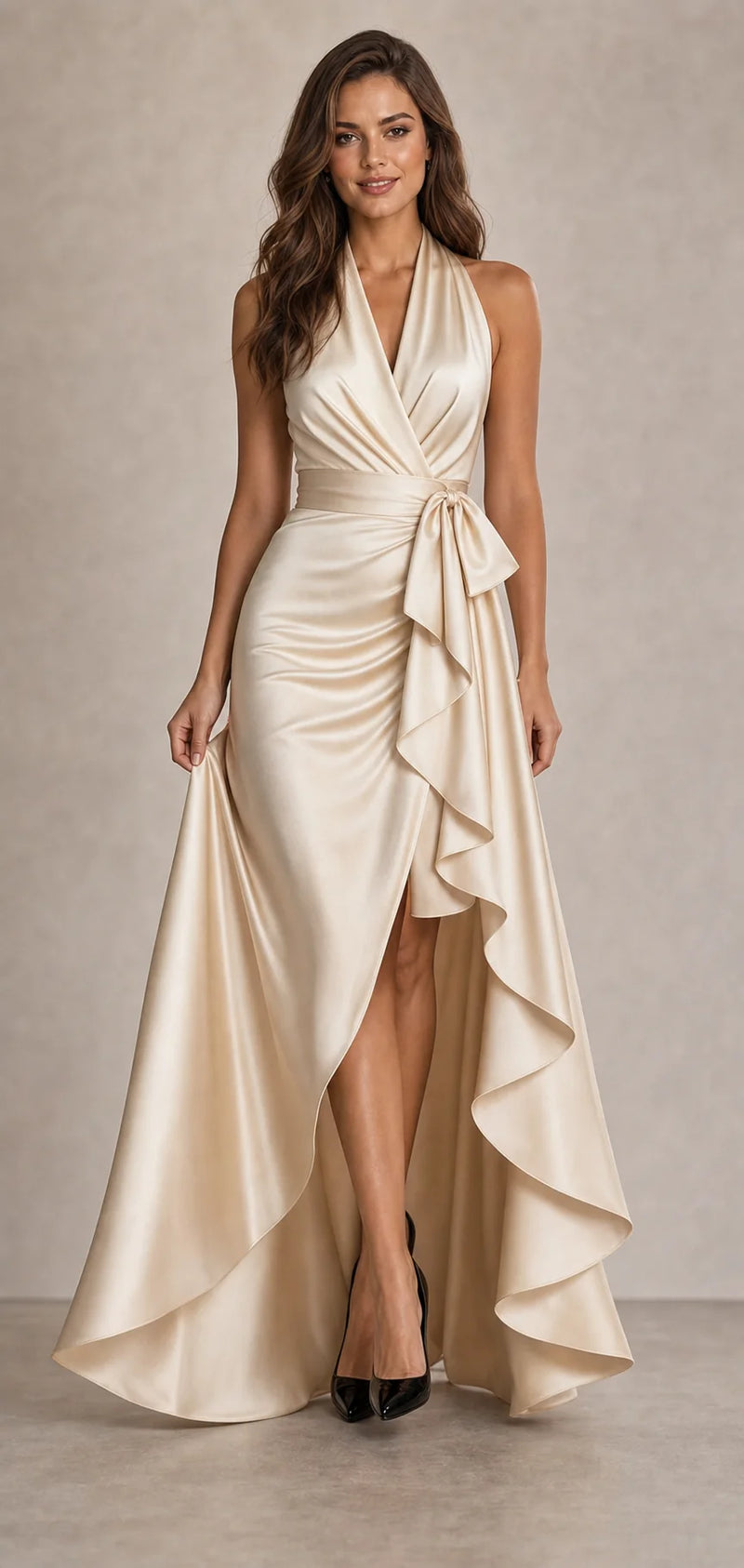 Sofaine Hannah satin halter wrap maxi dress in Champagne, worn front