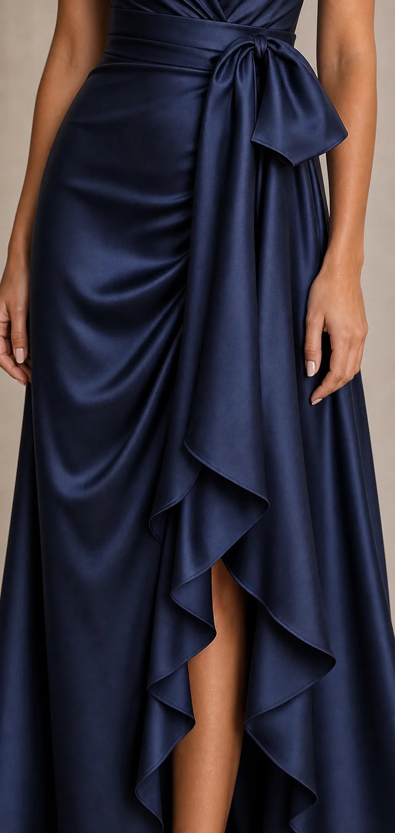 Sofaine Hannah satin halter wrap maxi dress in Navy Blue, sash bow drape detail