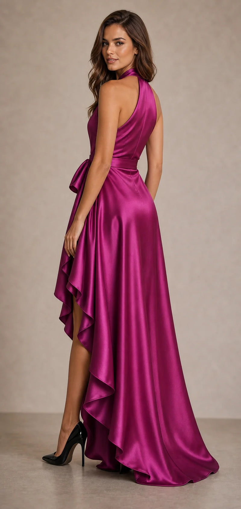 Sofaine Hannah satin halter wrap maxi dress in Fuchsia, worn