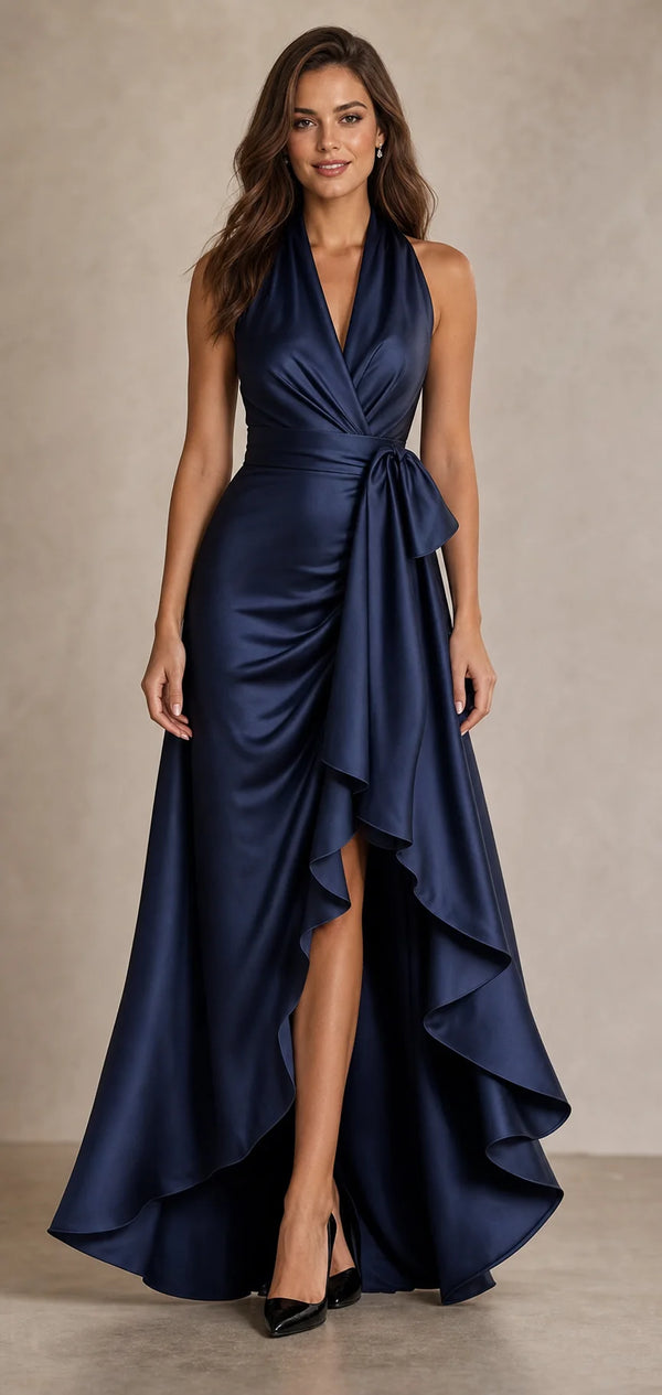 Sofaine Hannah satin halter wrap maxi dress in Navy Blue, worn front hero