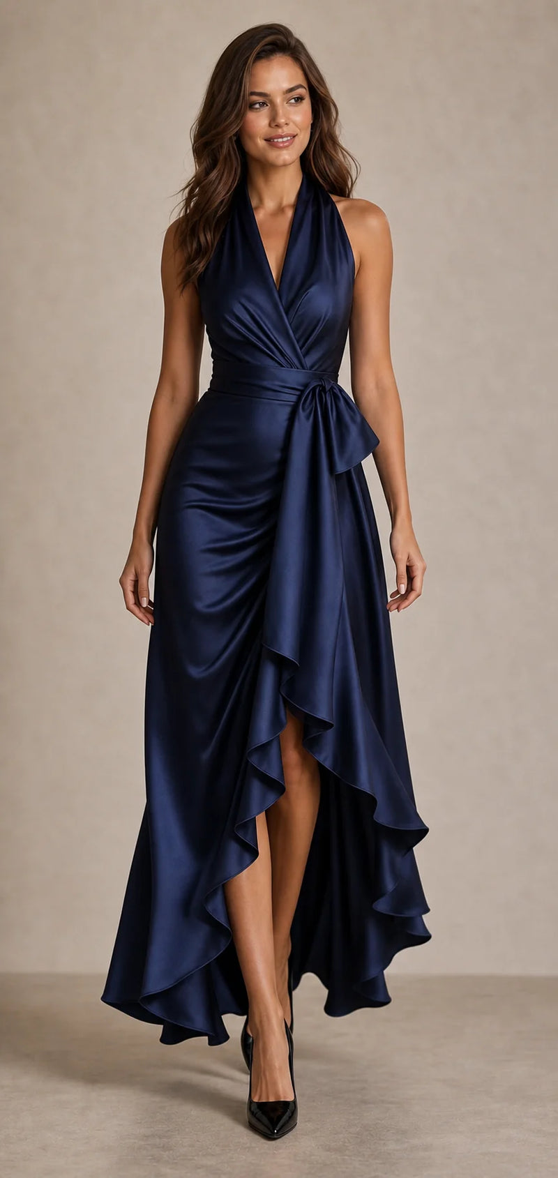 Sofaine Hannah satin halter wrap maxi dress in Navy Blue, styled full look