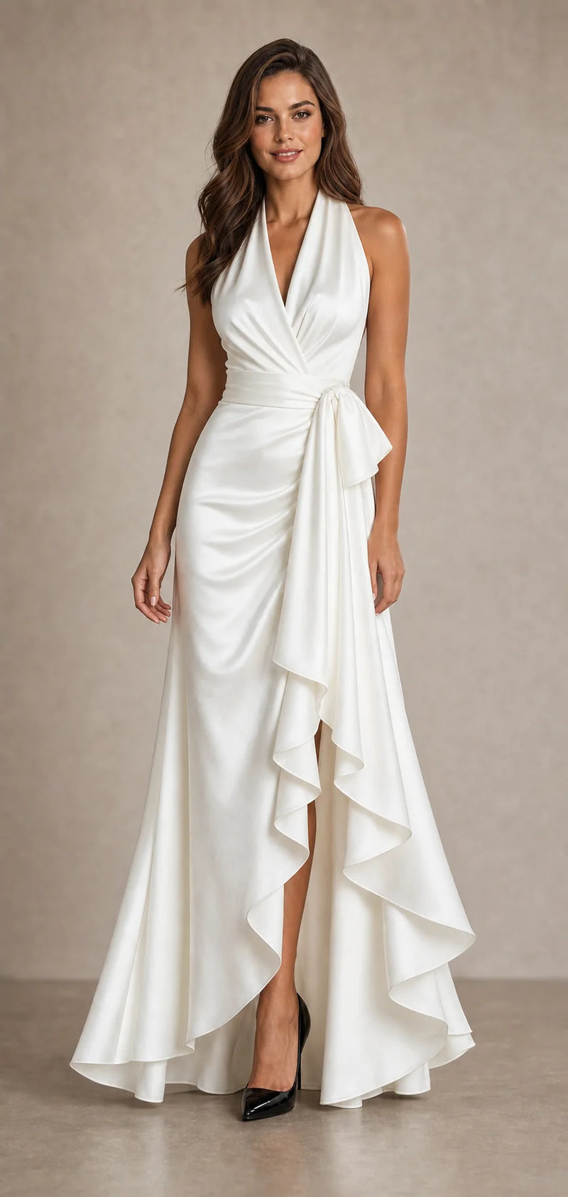 Sofaine Hannah satin halter wrap maxi dress in White, worn front