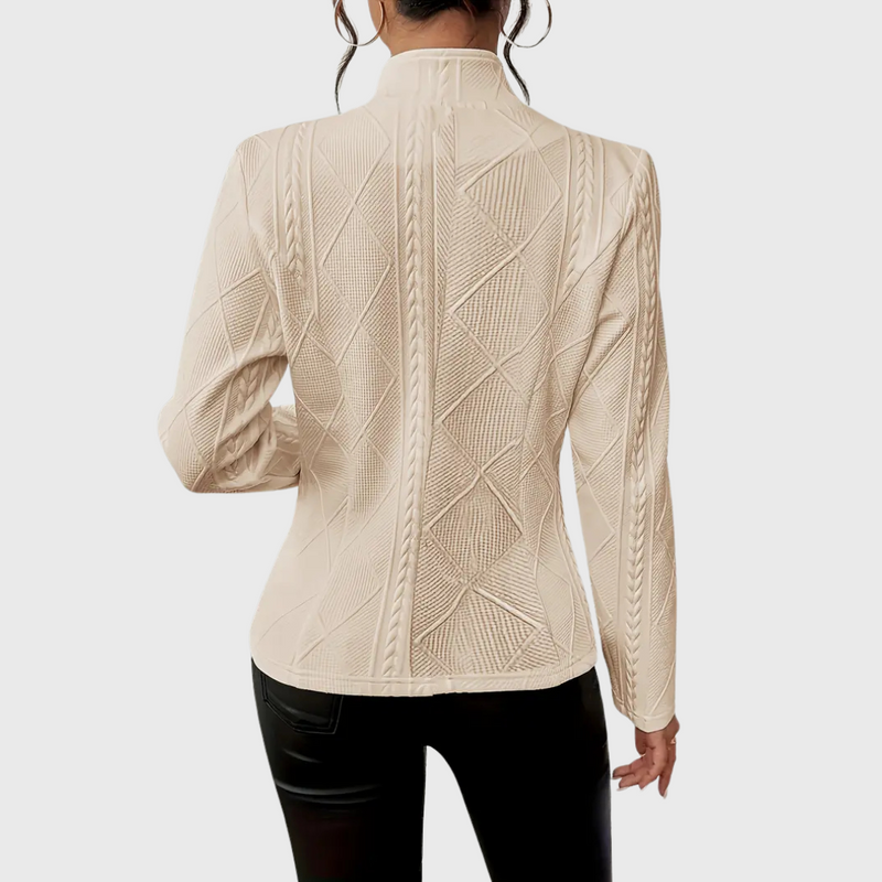 Cable Knit Blazer for Women with Stand Collar and Button Front in Beige, back view