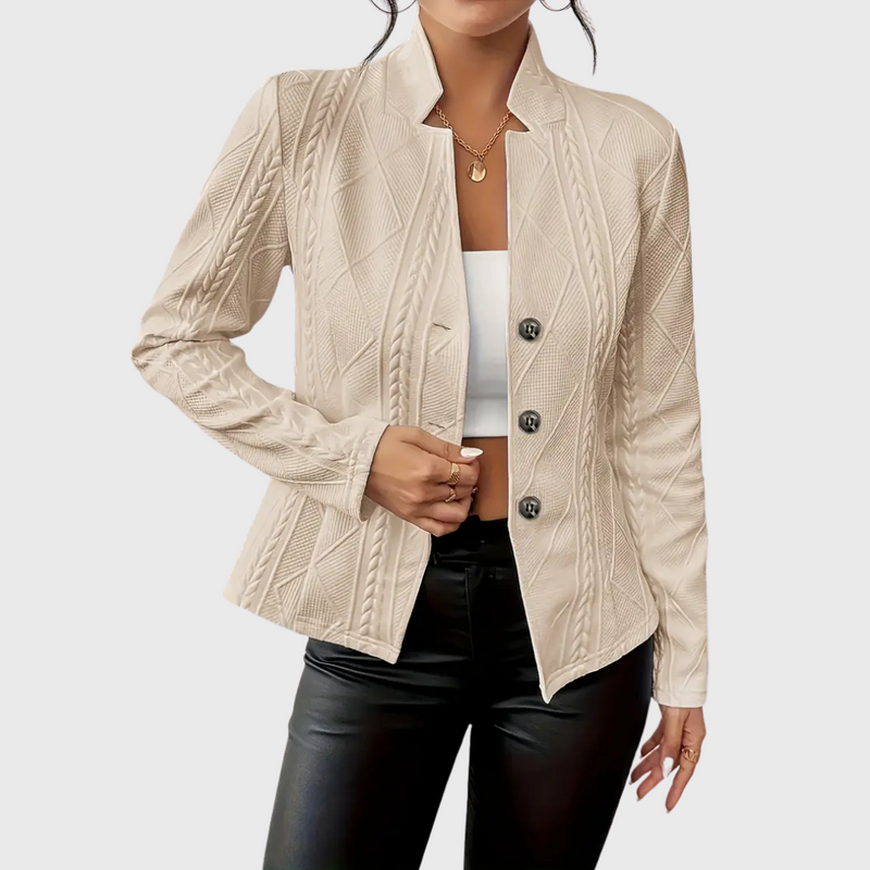 Cable Knit Blazer for Women with Stand Collar and Button Front in Beige, front view