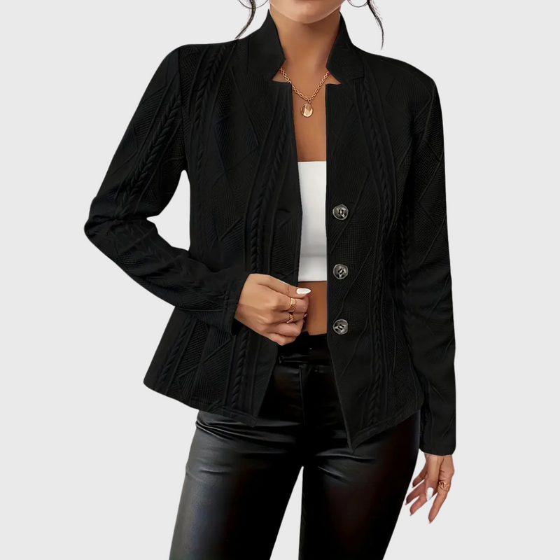 Cable Knit Blazer for Women with Stand Collar and Button Front in Black, front view