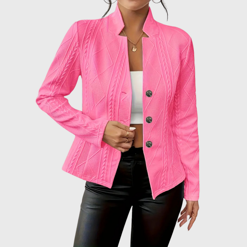 Cable Knit Blazer for Women with Stand Collar and Button Front in Dark Pink, front view