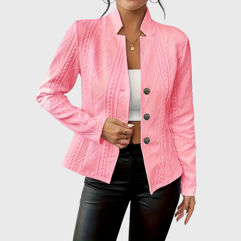 Cable Knit Blazer for Women with Stand Collar and Button Front in Light Pink, front view