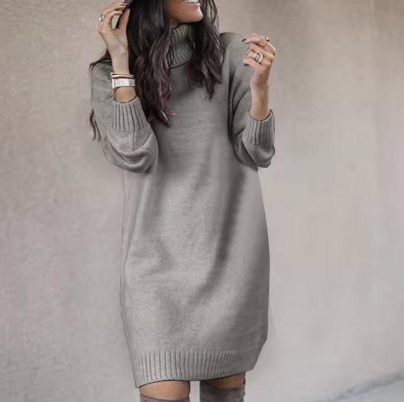 Long Sleeve Turtleneck Sweater Dress for Women with Ribbed Cuffs and Hem in Gray, front view