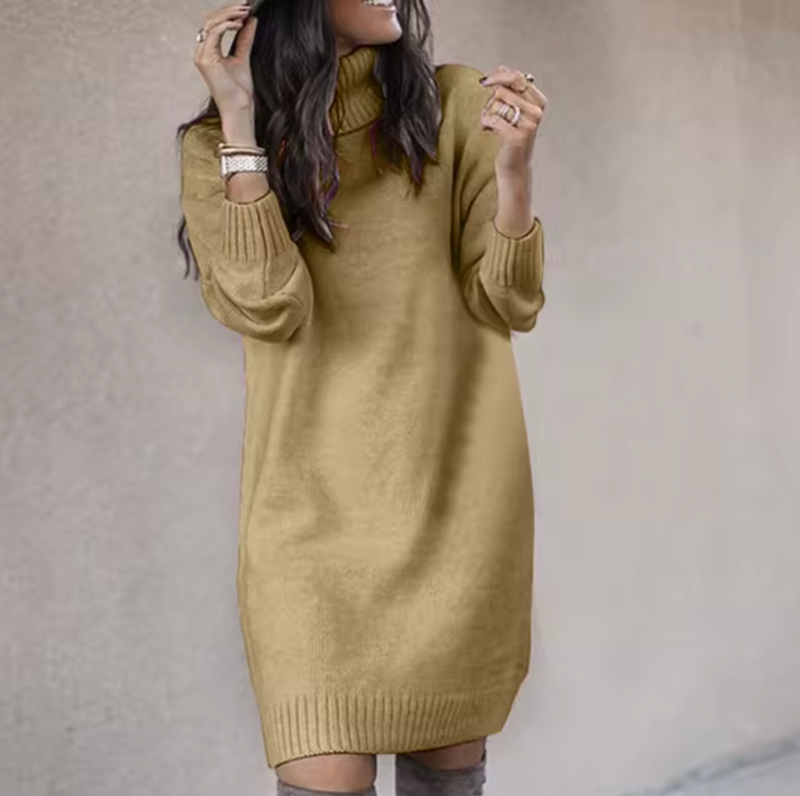 Long Sleeve Turtleneck Sweater Dress for Women with Ribbed Cuffs and Hem in Khaki, front view