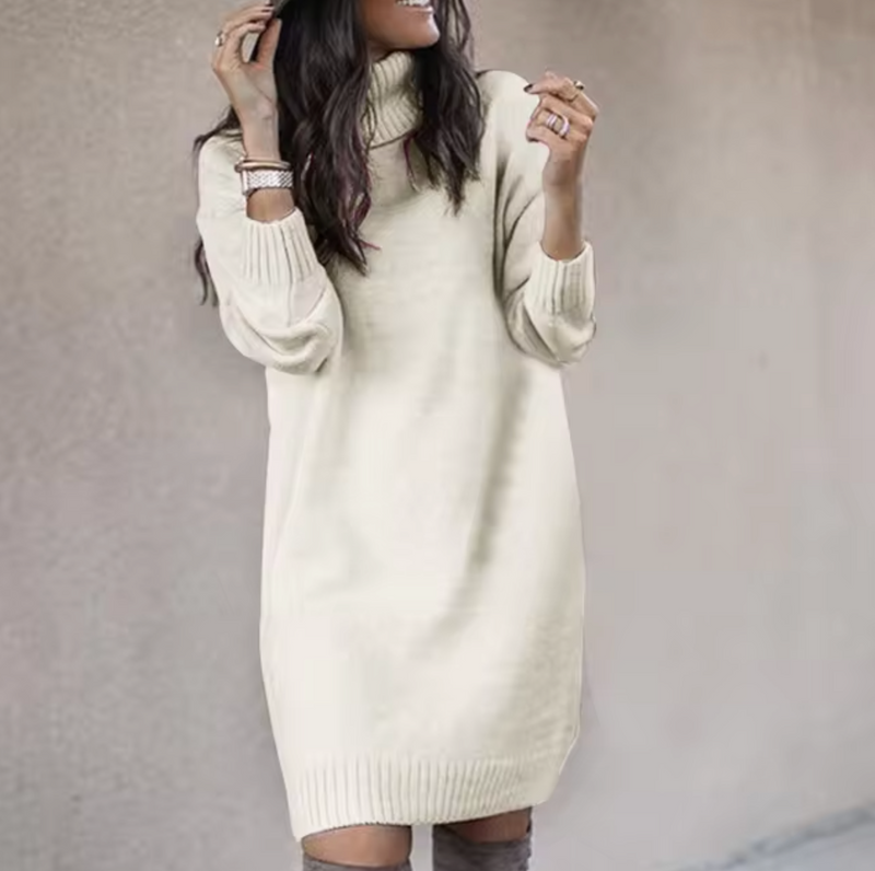 Long Sleeve Turtleneck Sweater Dress for Women with Ribbed Cuffs and Hem in White, front view