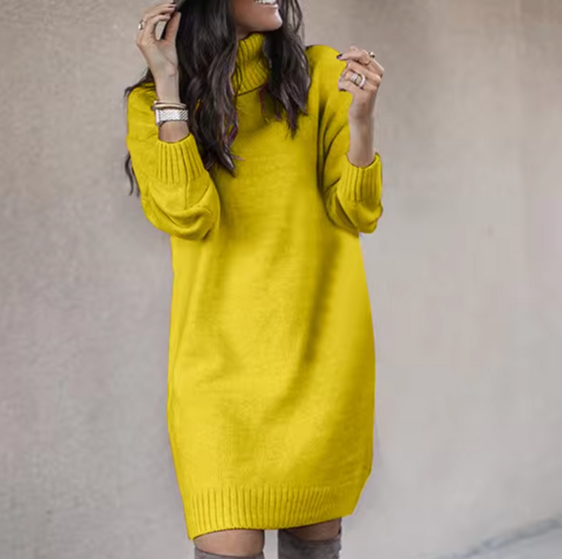Long Sleeve Turtleneck Sweater Dress for Women with Ribbed Cuffs and Hem in Yellow, front view