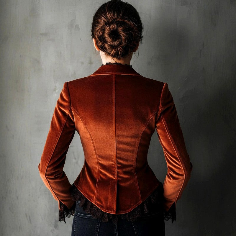 Fitted Velvet Blazer for Women with Lace Trim and Notched Lapels in Brown, back view