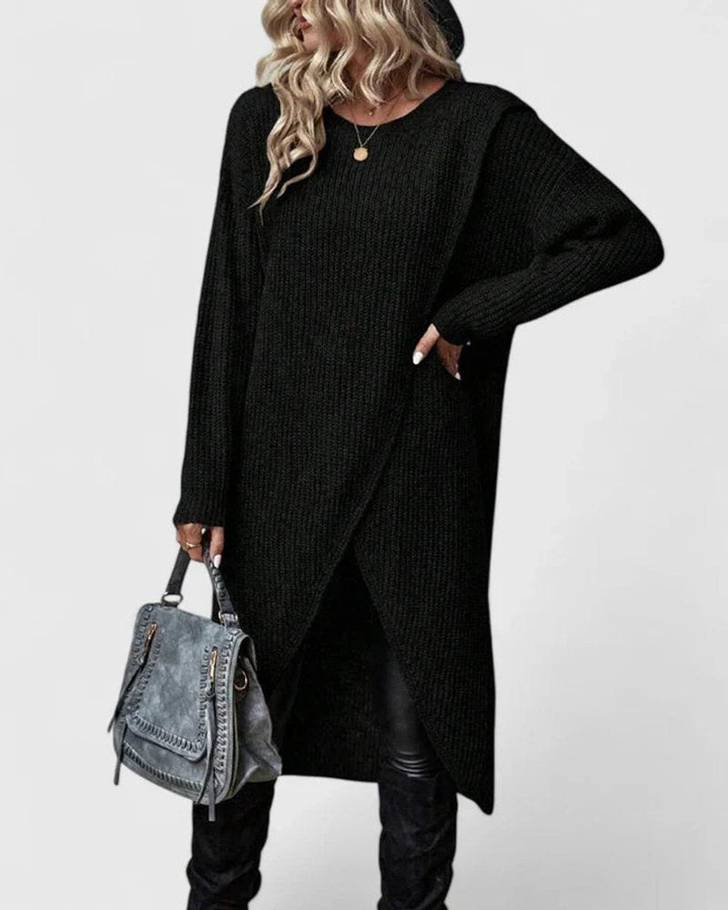 Wrap Sweater Dress for Women with Asymmetric Hem and Round Neck in Black, front view