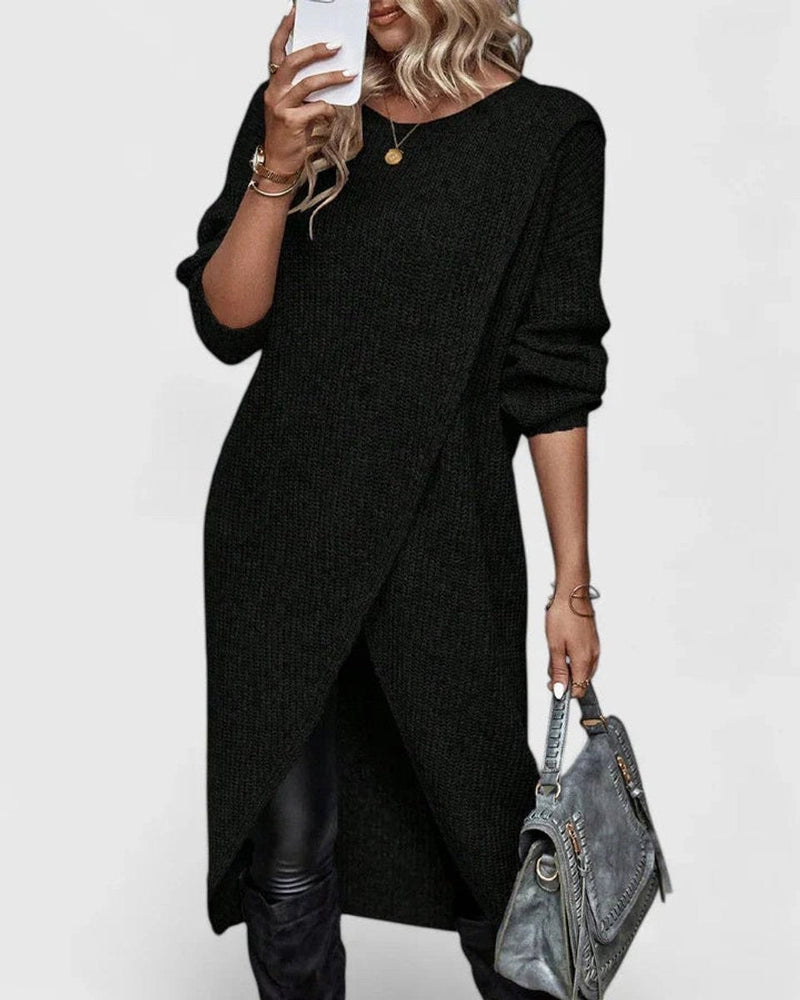 Wrap Sweater Dress for Women with Asymmetric Hem and Round Neck in Black, front view 2