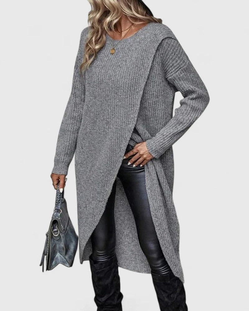 Wrap Sweater Dress for Women with Asymmetric Hem and Round Neck in Gray, side view